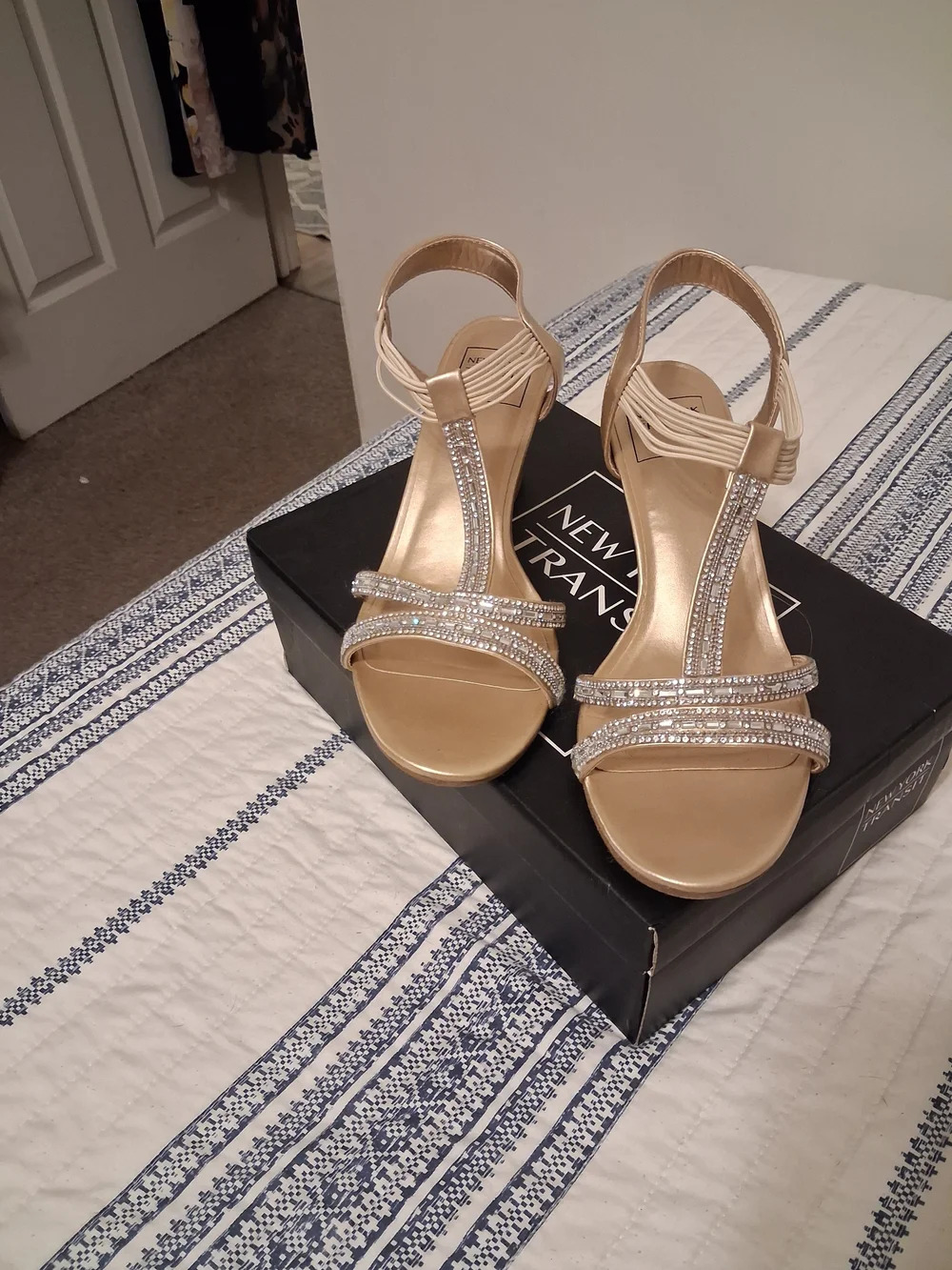 New York Transit Gold Wedge Sandals with Rhinestone Straps